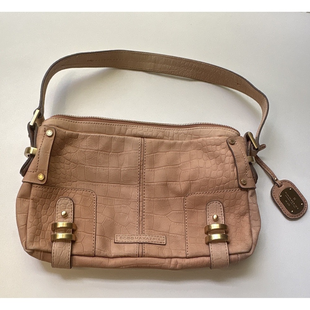 BCBGMAXAZRIA Beige Croc Embossed Shoulder Bag Zip Gold Hardware Charm Pockets